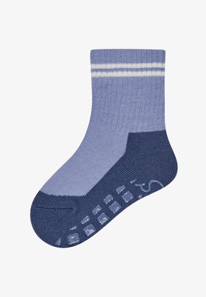 Single blue ankle sock with two white stripes near the cuff and dark blue heel, toe, and sole with grip patches.