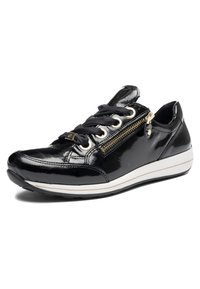 Black patent leather sneaker with black laces, gold zipper on side, and white sole with black tread.