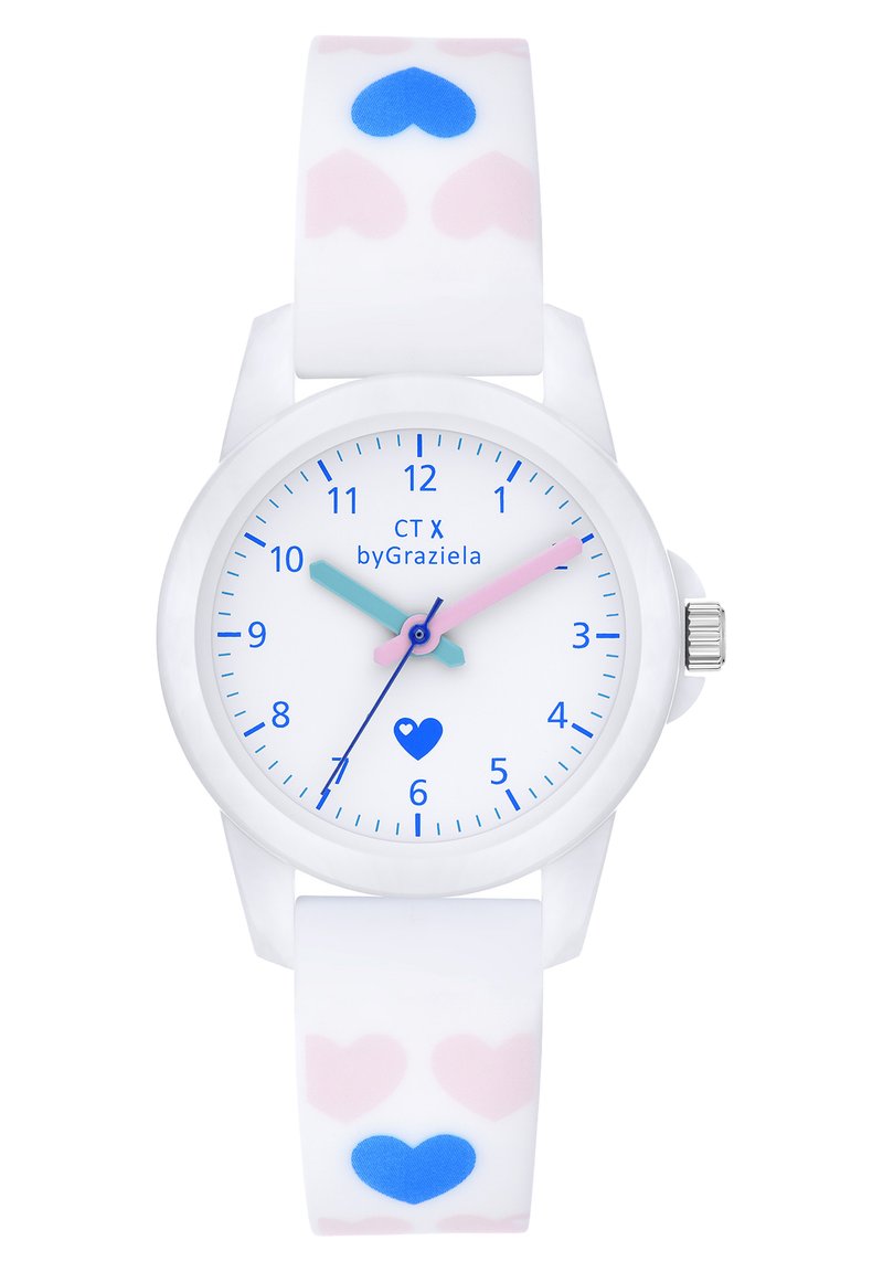 Weißes Armbanduhr mit rosa und blauen Herzmustern am Armband. Rundes Ziffernblatt mit blauen Stundenmarkierungen und Zeigern, mit einem Herz bei der 6.