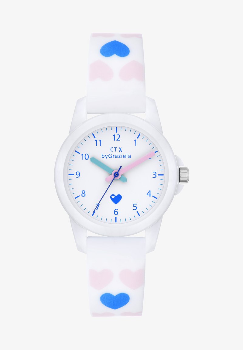 Weißes Armbanduhr mit rosa und blauen Herzmustern am Armband. Rundes Ziffernblatt mit blauen Stundenmarkierungen und Zeigern, mit einem Herz bei der 6.