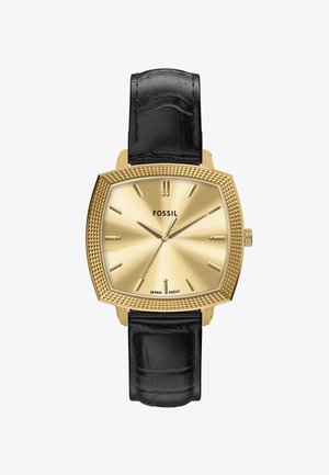 Gouden Fossiel polshorloge met gestructureerde vierkante kast, zwart leren band en minimalistische wijzerplaat die de tijd 10:09:36 aangeeft.