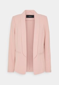 Světle růžový blazer s šálovým límcem, hladkou texturou, dvěma předními kapsami a přizpůsobeným střihem. Vnitřní štítek viditelný na výstřihu.