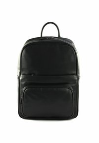 Sac à dos en cuir noir avec une forme arrondie, une poignée sur le dessus et une poche zippée à l'avant. Texture lisse avec de subtils détails de couture.