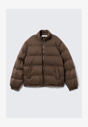 Brown quilted puffer jacket with high collar, front zipper, elastic cuffs, and two angled front pockets against a plain background.