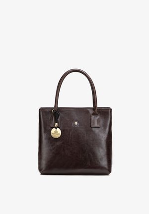 Borsa a mano in pelle marrone scuro con due manici e una targhetta rotonda in tono oro con incisione del logo "WITTCHEN".