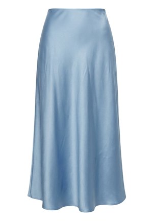 Light blue satin midi skirt with a slight flare and smooth texture, displayed against a white background.