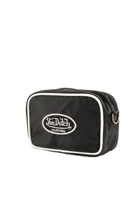 Trousse de maquillage en nylon noir avec bord blanc et logo. Forme rectangulaire, fermeture zippée et anneau métallique pour attache.