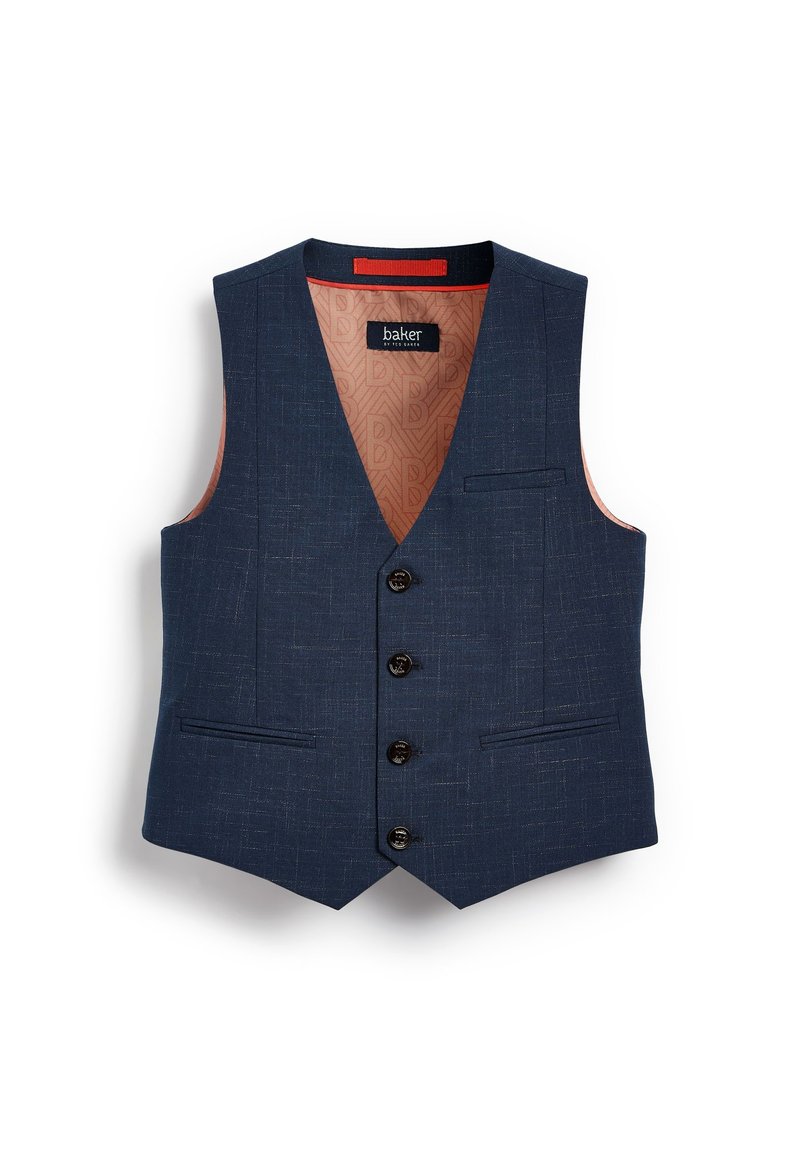 Chaleco entallado para hombre en azul marino con tela texturizada, cuatro botones negros, dos bolsillos inferiores, un bolsillo en el pecho y forro con patrón naranja.
