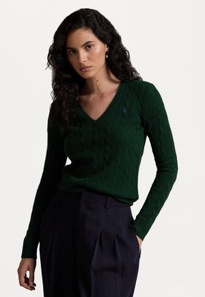 CABLE KNIT WOOL CASHMERE V-NECK SWEATER - Svetr - moss agate