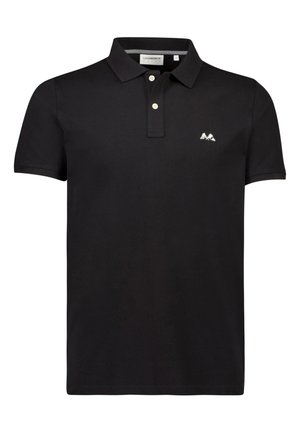 Black polo shirt made of cotton, featuring a classic collar, two-button placket, and a small mountain logo on the left chest.
