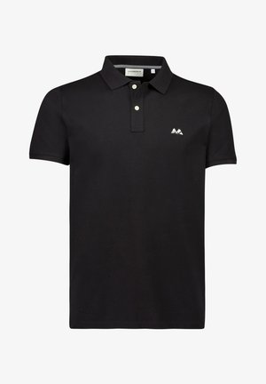 Zwarte polo met een klassieke kraag, gemaakt van katoen, met een knoopsluiting met twee knopen en een klein berglogo op de linkerkant van de borst.