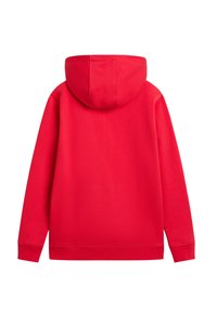 Felpa rossa con cappuccio regolabile, maniche lunghe, polsini e orlo a coste. Tessuto morbido e finitura liscia, senza logo o motivi visibili.