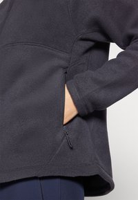 Pull en polaire gris foncé avec une poche zippée quart, texture douce, manches raglan et un ourlet arrondi pour un confort de mouvement.