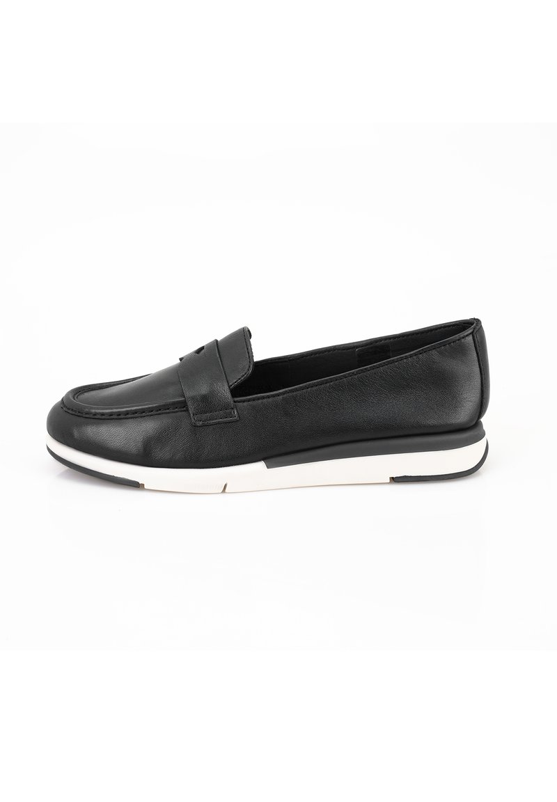 Black leather loafer with a stitched toe design, cushioned sole, and white rubber outsole. Features a decorative band across the upper.