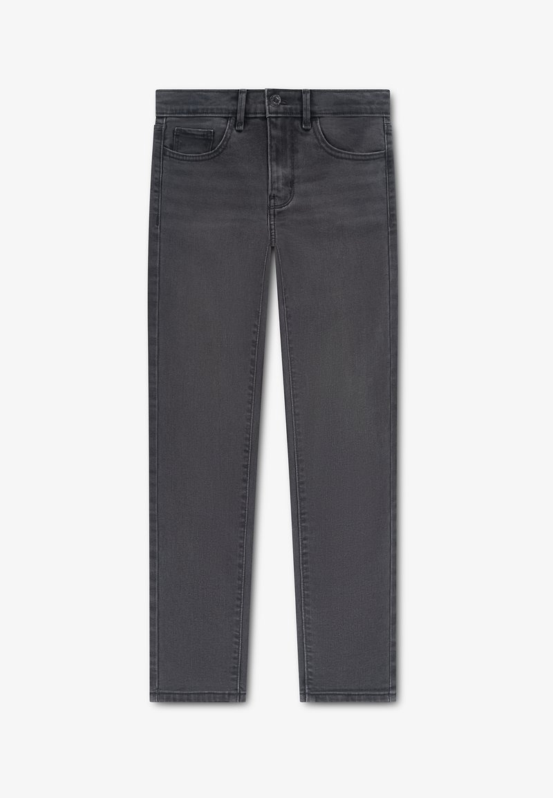 Jean slim gris foncé avec poches avant, passants de ceinture et fermeture à bouton, présenté sur fond blanc.