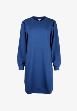 Blue long-sleeve dress with round neckline, gathered shoulder details, and ribbed cuffs, knee-length, displayed on a white background.
