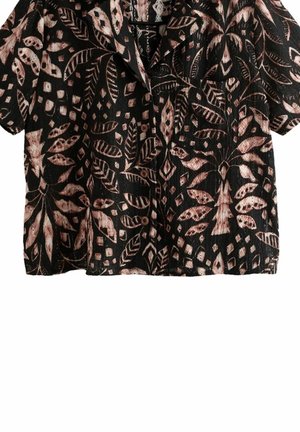 Zwarte kortekousen overhemd met een beige abstracte bladeren- en diamantpatroon, met een gestructureerde stof en een kraag.