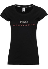 Black cotton t-shirt with short sleeves, round neckline, featuring white and red text: "危ない DANGEROUS" printed across the front.