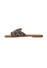 Sandali scivolosi con stampa leopardata, superiori in tessuto morbido, design a fascia incrociata, suola piatta marrone chiaro e punta aperta per la ventilazione.