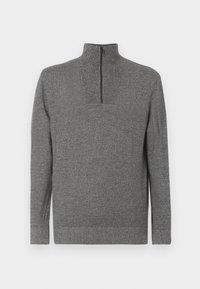 Maglione grigio a maglia con maniche lunghe e colletto alto con zip a quarto, esposto piatto su uno sfondo bianco.