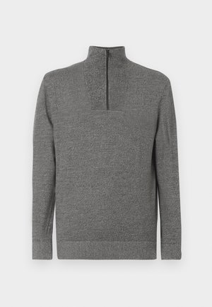 Gray knit sweater with long sleeves and a quarter-zip high collar, displayed flat on a white background.