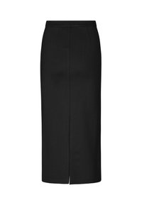 Jupe crayon noire en tissu lisse. Présente une coupe droite, un design à hauteur de genou et une fente à l'arrière pour faciliter les mouvements.