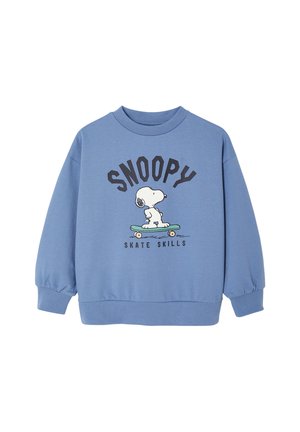 Blauer Pullover mit Snoopy auf einem Skateboard und dem Text "SNOOPY" darüber sowie "SKATE SKILLS" unter der Grafik.