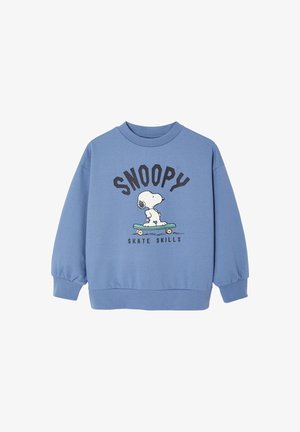 Blue sweatshirt with Snoopy on a skateboard and text "SNOOPY" above and "SKATE SKILLS" below the graphic.