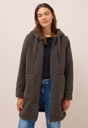 Gray fleece jacket with a hood, zip closure, and two front pockets. Textured material with a cozy appearance. Casual fit, mid-length.