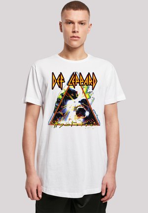 White cotton t-shirt featuring a colorful graphic design with a triangular shape and the text "DEF LEPPARD Hysteria" in bold letters.