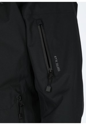Black waterproof jacket, featuring a zippered pocket on the sleeve, with "STX 20.000" printed. Smooth texture, matte finish.