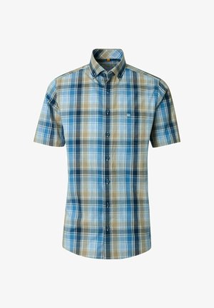 Kortærmet skjorte med knapper, i blå, beige og hvid ternet mønster, en frontlomme og en krave med knapper.