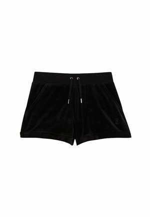 Black velvet shorts with a drawstring waist, featuring two side pockets and subtle logo detail on one side. Soft texture, relaxed fit.