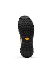 Semelle extérieure en caoutchouc noir avec des crampons profonds multidirectionnels pour une meilleure traction ; comporte un logo Vibram jaune au niveau de la semelle intermédiaire.