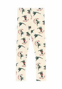 Legginsy w kolorze kremowym, z powtarzającym się wzorem zielonych dinozaurów w świątecznych strojach oraz czerwonym napisem "NIE BYŁEM TO JA" i "OH OH."