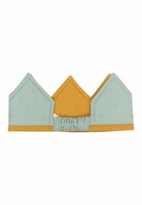 Light blue fabric crown with mustard yellow base, featuring three pointed peaks and elastic gathering at the back. Embellished with small accents.