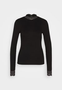 Zwart geribd shirt met lange mouwen, voorzien van een gegolfde kanten kraag en kanten details bij de manchetten. Soepele textuur, aansluitend model.