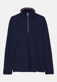 Pull-over bleu marine avec col montant, fermeture éclair sur le devant jusqu'à mi-hauteur, et détail rayé coloré à l'intérieur du col. Fabriqué en matériau doux.