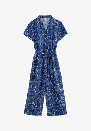 Blauwe bloemen jumpsuit met korte mouwen, V-hals en een gestrikte taille. Bevat een levendig botanisch patroon en een wijde pijpen ontwerp.