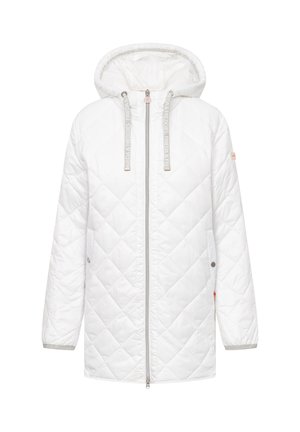 Biała pikowana długa kurtka z kapturem, zamkiem z przodu oraz ozdobnymi ściągaczami na kapturze.
