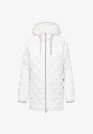 Witte doorgestikte lange jas met capuchon, ritssluiting aan de voorkant en merkgebonden trekkoorden op de capuchon.