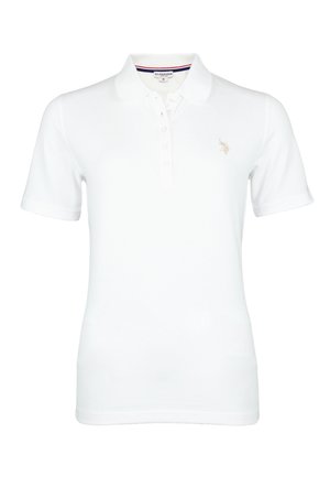 Biała koszulka polo wykonana z bawełny, z klasycznym kołnierzykiem, krótkimi rękawami, pięcioma guzikami na przodzie oraz małym haftowanym logo na piersi.
