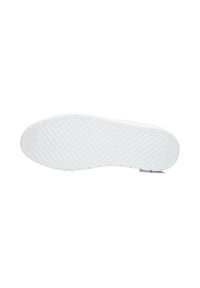 White rubber shoe sole with a textured diamond pattern and slight tread ridges. Features raised brand logo and a smooth edge.