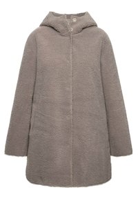 Cappotto con cappuccio in morbido tessuto grigio testurizzato con chiusura a bottoni. Presenta maniche lunghe e un orlo leggermente arrotondato.