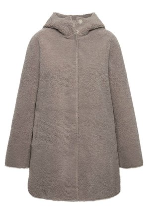 Cappotto con cappuccio in morbido tessuto grigio testurizzato con chiusura a bottoni. Presenta maniche lunghe e un orlo leggermente arrotondato.