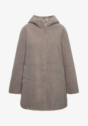 Hooded coat in soft, textured gray fabric with a button closure. Features long sleeves and a slightly rounded hemline.