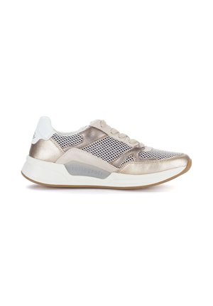 Light gold and beige sneaker with mesh panels, white padded heel collar, lace-up front, and cushioned sole labeled "rollingsoft."