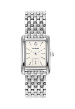 Srebrny, prostokątny zegarek Tory Burch z metalową bransoletą, kremową tarczą, minimalistycznymi wskazówkami godzin i małą wskazówką sekundową na godzinie 6.
