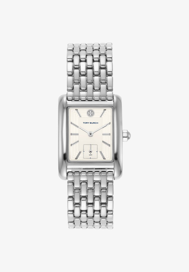 Silberne rechteckige Tory Burch Uhr mit Metallgliederarmband, cremefarbenem Zifferblatt, minimalistischen Stundenmarkierungen und kleinem Sekundenanzeiger bei 6 Uhr.