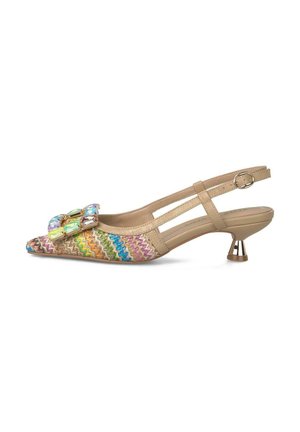 Beige slingback lage hak schoen met puntige neus, multicolor zigzag stof aan de voorkant en grote iriserende edelsteen gesp detail.